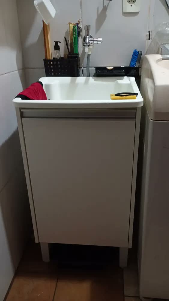 foto de Tanque Lavar Roupa 26l | Gabinete Mdf Branco 46cm | Prateleira, Válvula E Sifão Inclusos | Entregue Montado | Balcão Armário Com Tanque Preto Para Lavanderia | Ejv Shoop