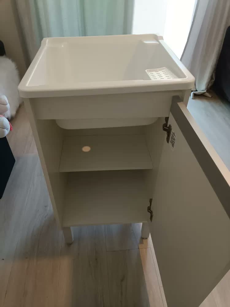 foto de Tanque Lavar Roupa 26l | Gabinete Mdf Branco 46cm | Prateleira, Válvula E Sifão Inclusos | Entregue Montado | Balcão Armário Com Tanque Preto Para Lavanderia | Ejv Shoop