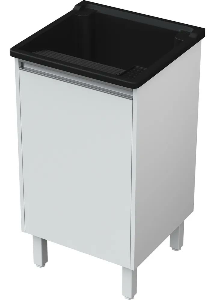 Tanque Lavar Roupa 26l | Gabinete Mdf Branco 46cm | Prateleira, Válvula E Sifão Inclusos | Entregue Montado | Balcão Armário Com Tanque Preto Para Lavanderia | Ejv Shoop