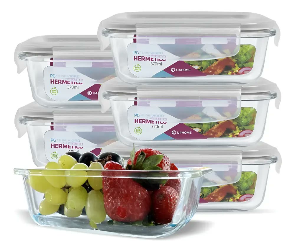 Conjunto 6 Pote Vidro Hermético Marmita Tampa Plástico 370ml Cor Branco (QH)