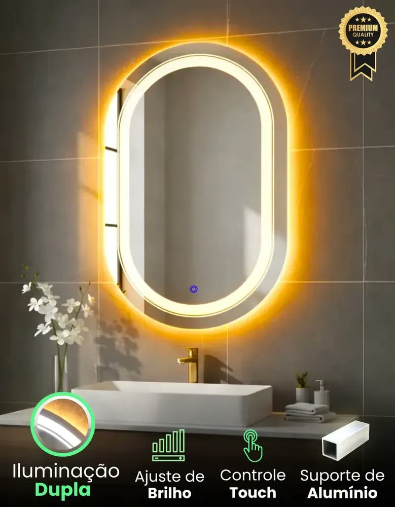 foto de Espelho Oval LED 80x50 Touch Screen Para Maquiagem Luz Frente e Atrás