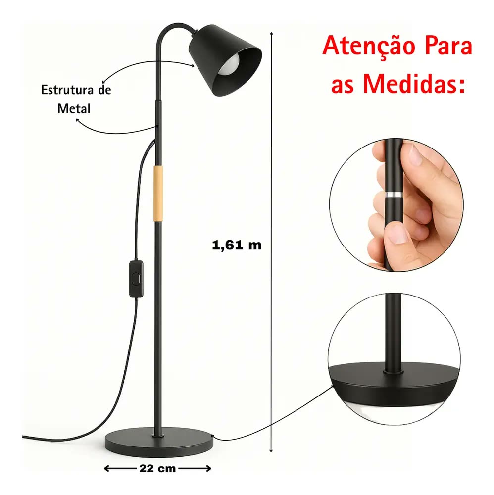 Luminária Abajur Metal Articulada Pedestal Chão Coluna Leitura Cúpula Preto Flexivel 1,6m 110v 220v Bravvi