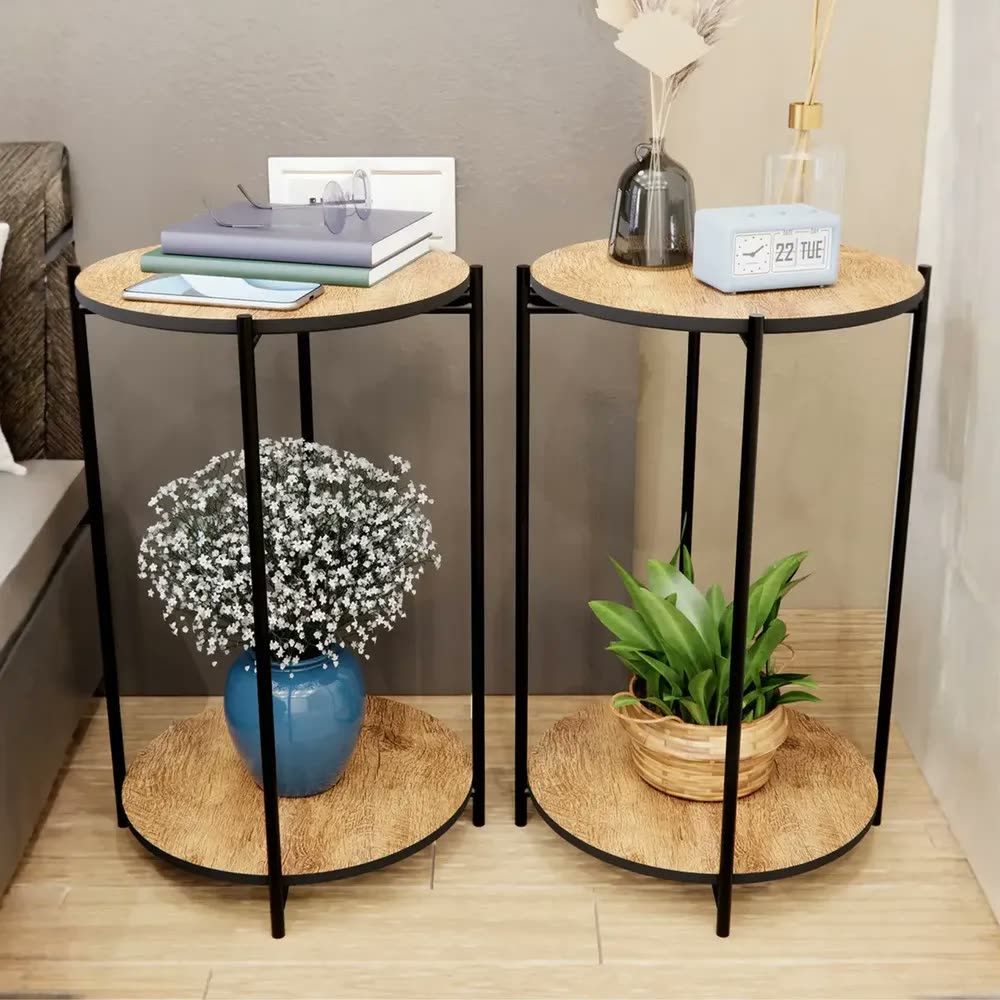 Mesa De Cabeceira Para Quarto Redonda Bide Cama Mesinha De Apoio Cama Kit Com 2 Unidades Cor Freijó