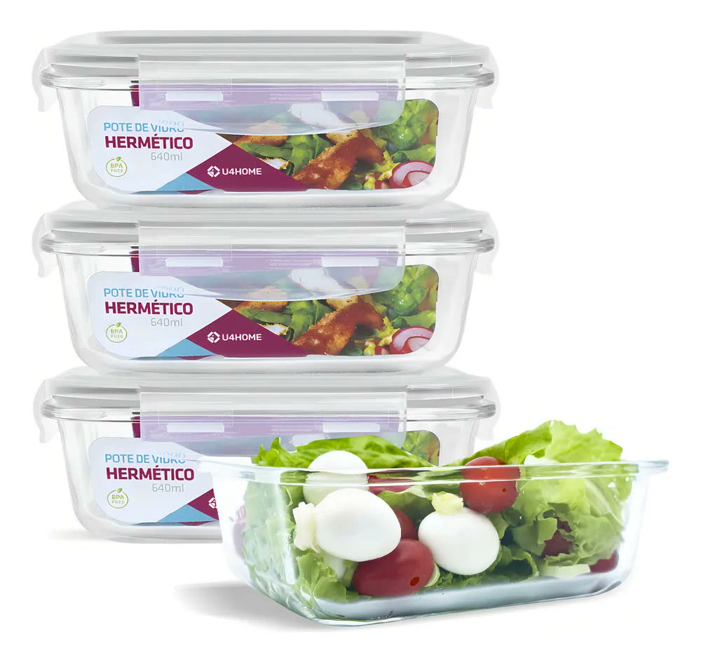 Conjunto 4 Potes Vidro Hermético Marmita Mantimentos 640ml Cor Branco