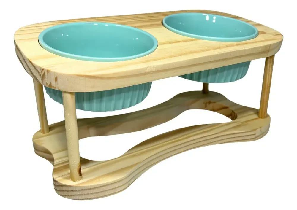 Comedouro Pet Elevado Duplo Em Madeira E Porcelana Grande Cor Verde Comedouro Cachorro
