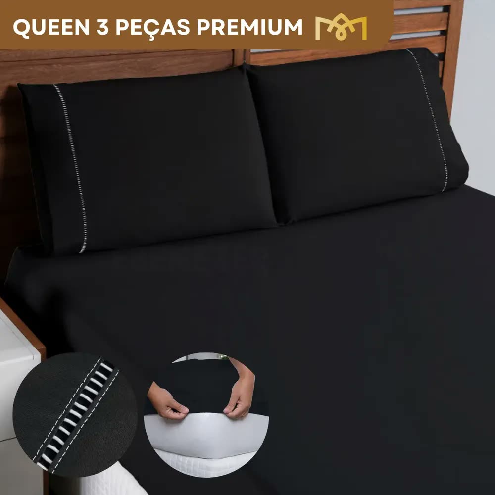 Jogo De Lençol Queen C/ Elástico 3 Peças 400 Fios Ponto Palito Extra Macio Suave Luxo Premium Preto