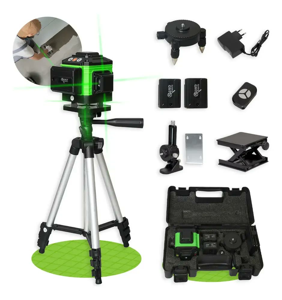 foto de Kit Nível A Laser Verde 12 Linhas Esquadro + Suporte + Tripé Recarregavel Profissional Prumo Autonivelante Nano Bateria