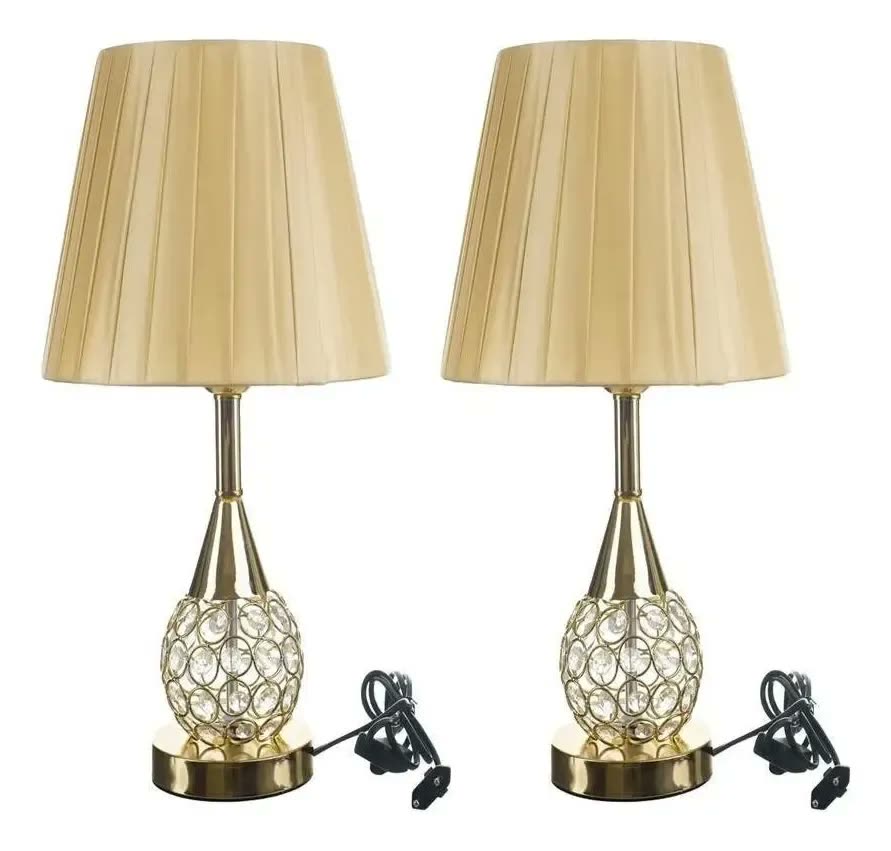 Kit 2 Abajur Luminária Mesa Quarto Sala Criado Mudo Cristal 42cm Luxo Conceito Dourado Gold Tippi