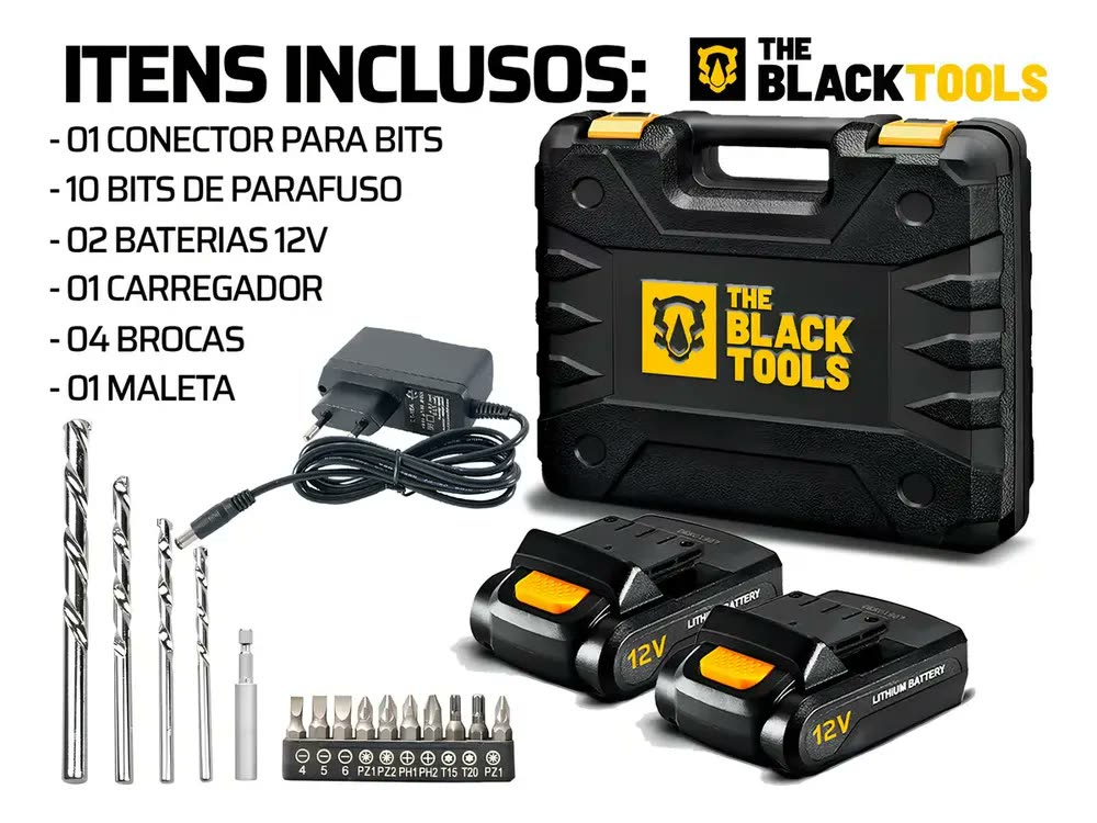foto de Parafusadeira Furadeira Sem Fio Com 2 Baterias Cor Amarelo E Preto Frequência 60 The Black Tools