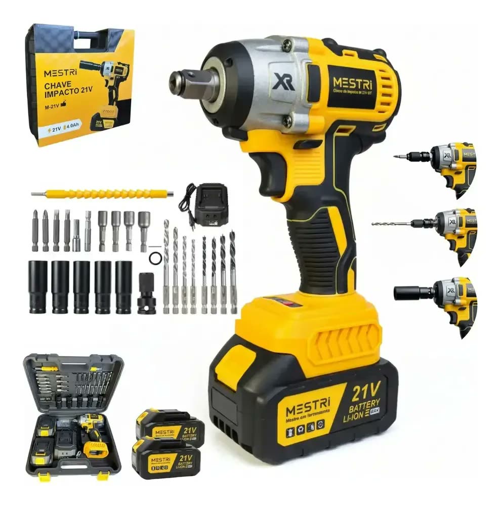 Chave De Impacto e Parafusadeira A Bateria 21v 450Nm 4ah Brushless Sem Escova 2 Baterias Recarregável Bivolt MESTRI