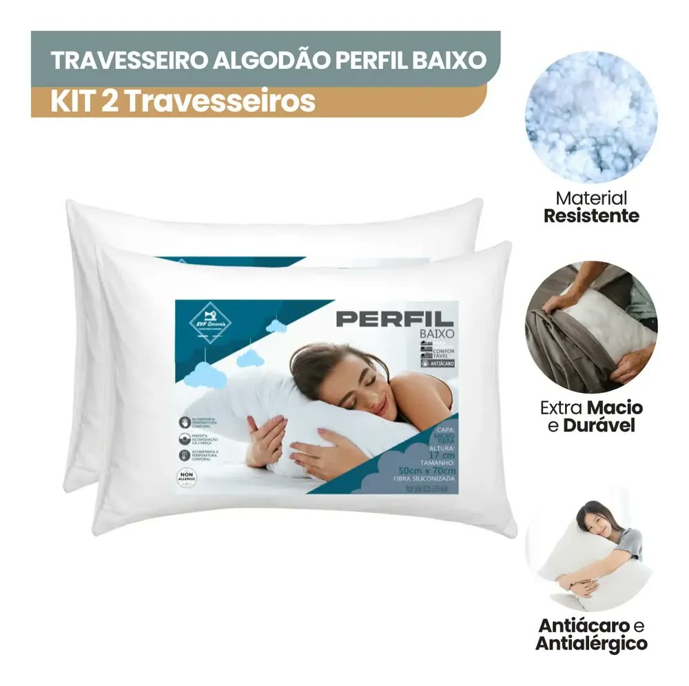 Kit 2 Travesseiro Fibra Siliconada Perfil Baixo Antialérgico Conforto Suave Suporte Macio Cervical Premium