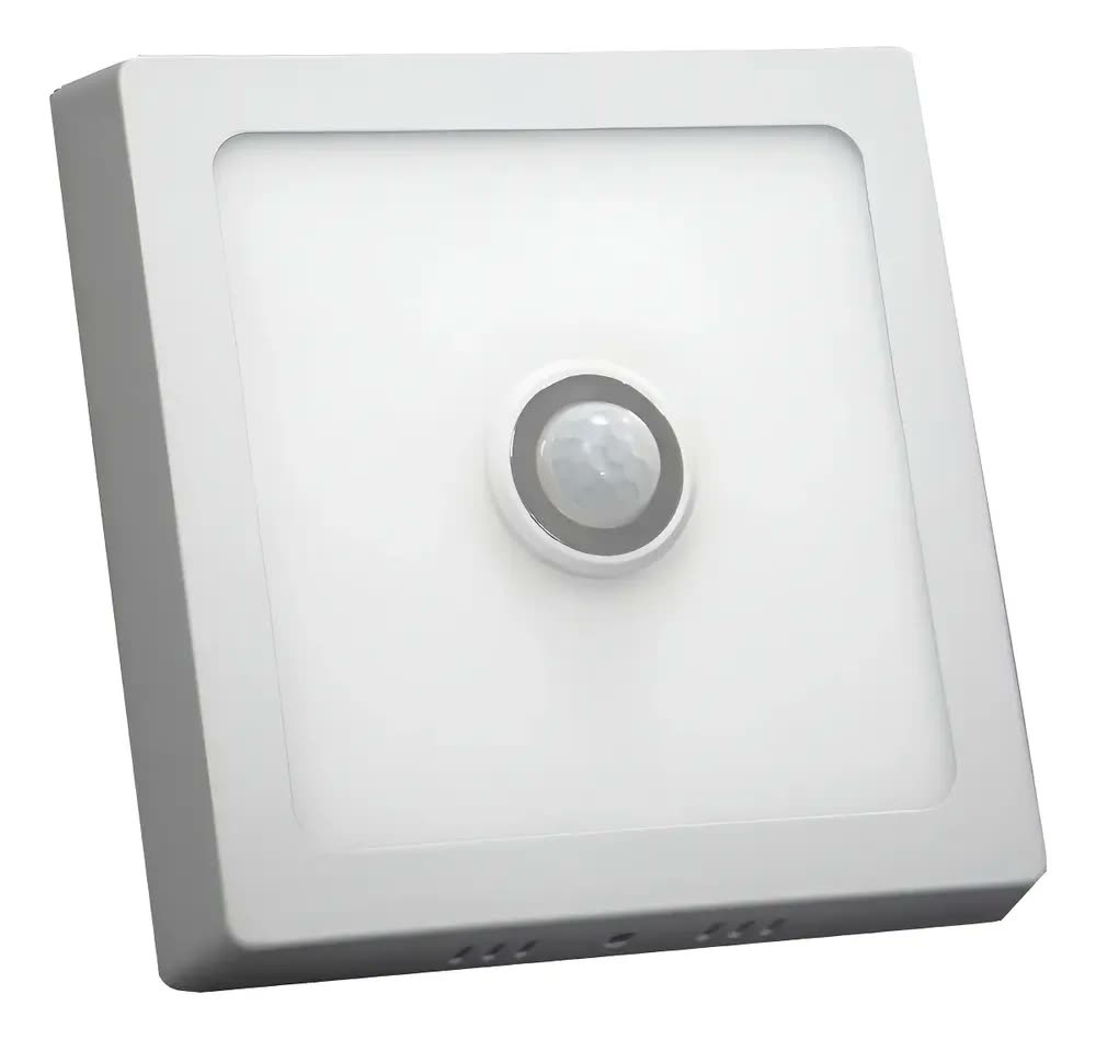 Plafon LED LuxLite 12W Quadrado Sobrepor Branco Quente Sensor Presença