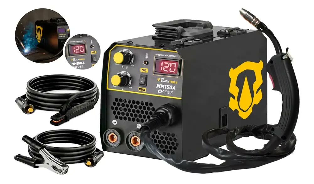 Máquina Solda Inversora Mig Mma 150a Sem Gás Portátil Bivolt 127/220v Com Display Digital Mm150 The Black Tools