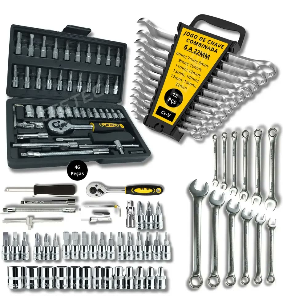 foto de Jogo De Chave Soquete Catraca Combinada Fenda Philips Kit Ferramentas Completo 58 Peças Aço Crv Cietec