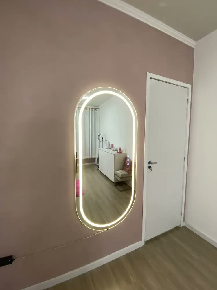 foto de Espelho Com 3 Cores Led Oval Camarim 180 X 80 Touch Screen Moldura Sem Moldura