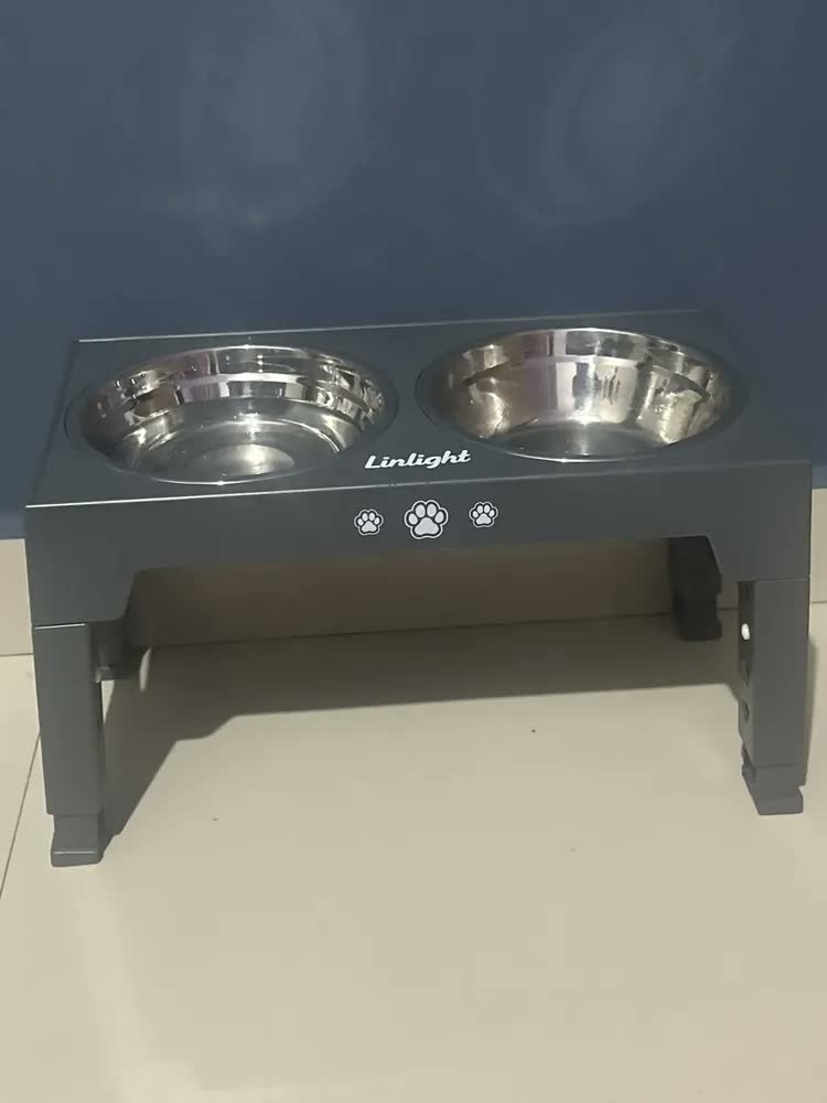 foto de Comedouro Bebedouro Elevado Cães Duplo Lento Inox Grandes Ajustável Looxopet Preto