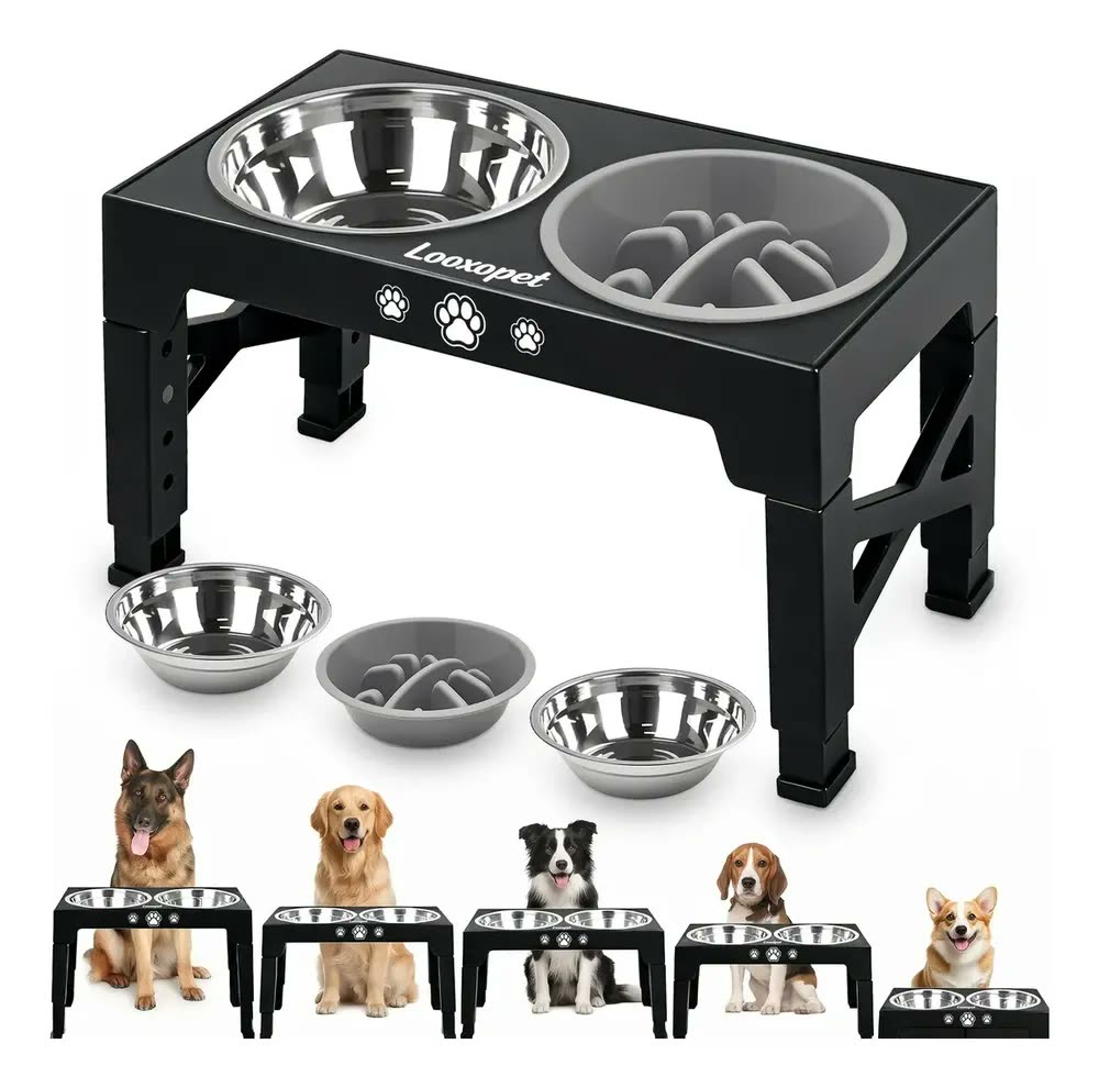 Comedouro Bebedouro Elevado Cães Duplo Lento Inox Grandes Ajustável Looxopet Preto