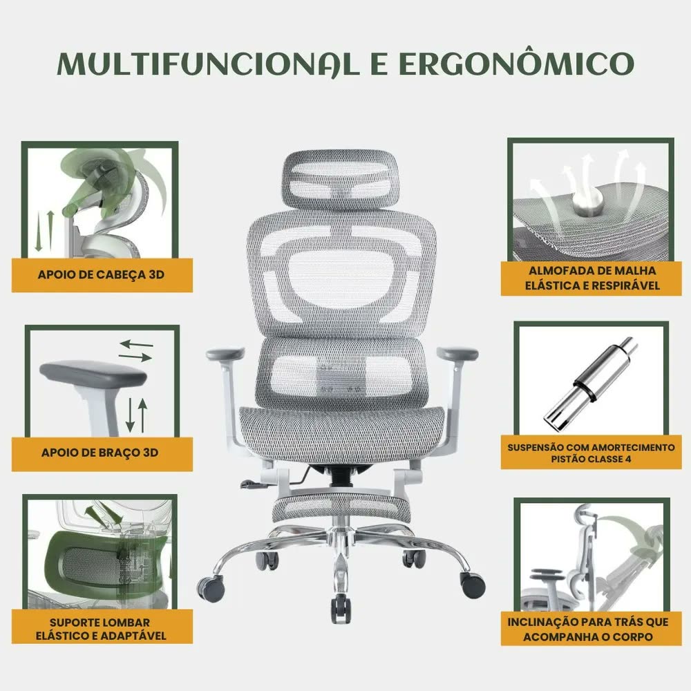 Cadeira De Escritório Ergonômica Mônaco WT07 Luvinco Malha Respirável Com Suporte Lombar Adaptável Apoio Para Pés Retrátil Encosto Ajustável Seis Posições Cor Cinza Suporta 200kg