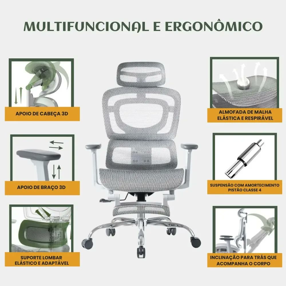 Cadeira De Escritório Ergonômica Mônaco WT07 Luvinco Malha Respirável Com Suporte Lombar Adaptável Apoio Para Pés Retrátil Encosto Ajustável Seis Posições Cor Cinza Suporta 200kg