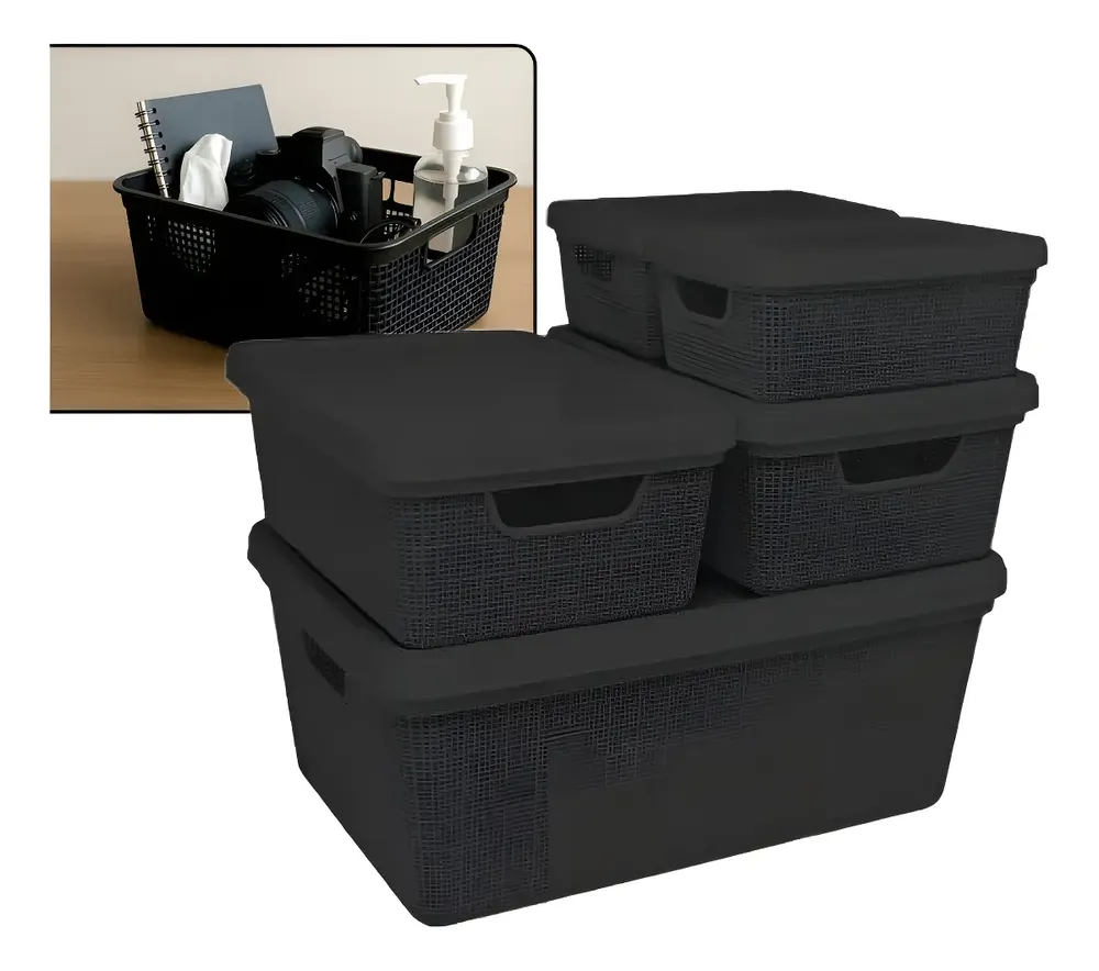Kit 5 Caixas Organizadoras Cesto Tampa Multiuso 2l 6l 16l Casa Cozinha Banheiro