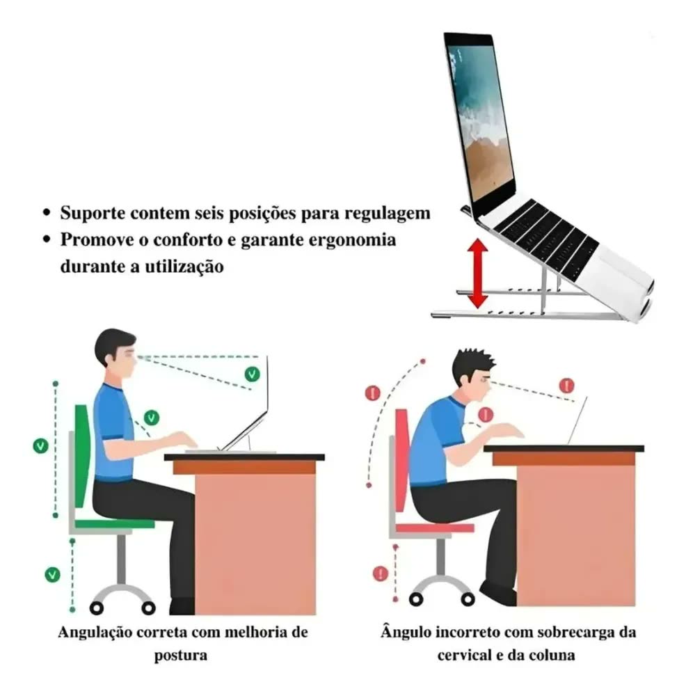 Suporte De Notebook Articulado Dobrável Ergonomico Em Aluminio Prateado Rishon