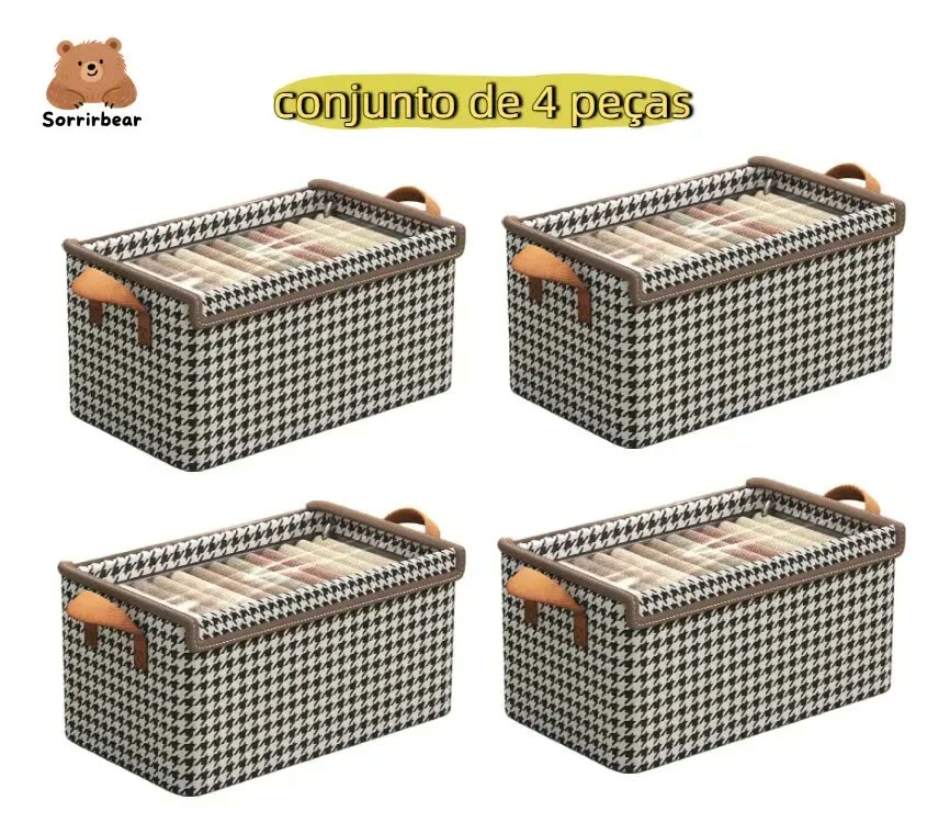 Kit 4 Caixas Organizadoras Dobráveis De Guarda Roupa Caixa Organizadora Padrão Xadrez Ideal para Roupas, Closet, Armário e Quarto