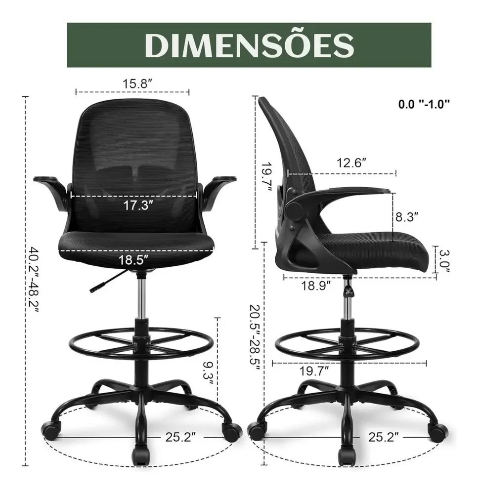 Cadeira De Escritório Ergonômica Caixa Alta Executiva Banqueta Secretaria Consultório Braços Dobráveis Anel De Apoio Para Pés Ajustável Bq01 Suporte Lombar Dentista Cor preta luvinco