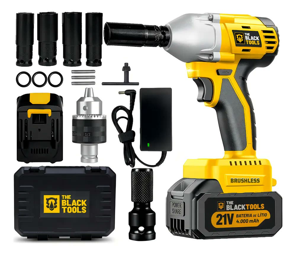 Kit Chave De Impacto 21v Furadeira Parafusadeira Brushless Sem Fio Bateria 4000mah Mandril 13mm 1/2 Pol The Black Tools
