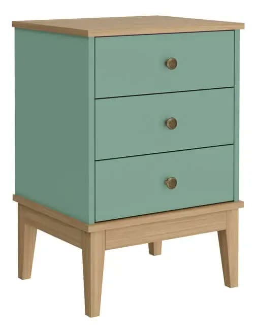 Mesa de Cabeceira 3 Gavetas Estilo Clássico Movelbento MB1021 Criado Mudo Madeira Pés Maciços Corrediça Metálica Design Colonial Quarto Organizador Compacto de Apoio Resistente Multiuso Mel Oliva