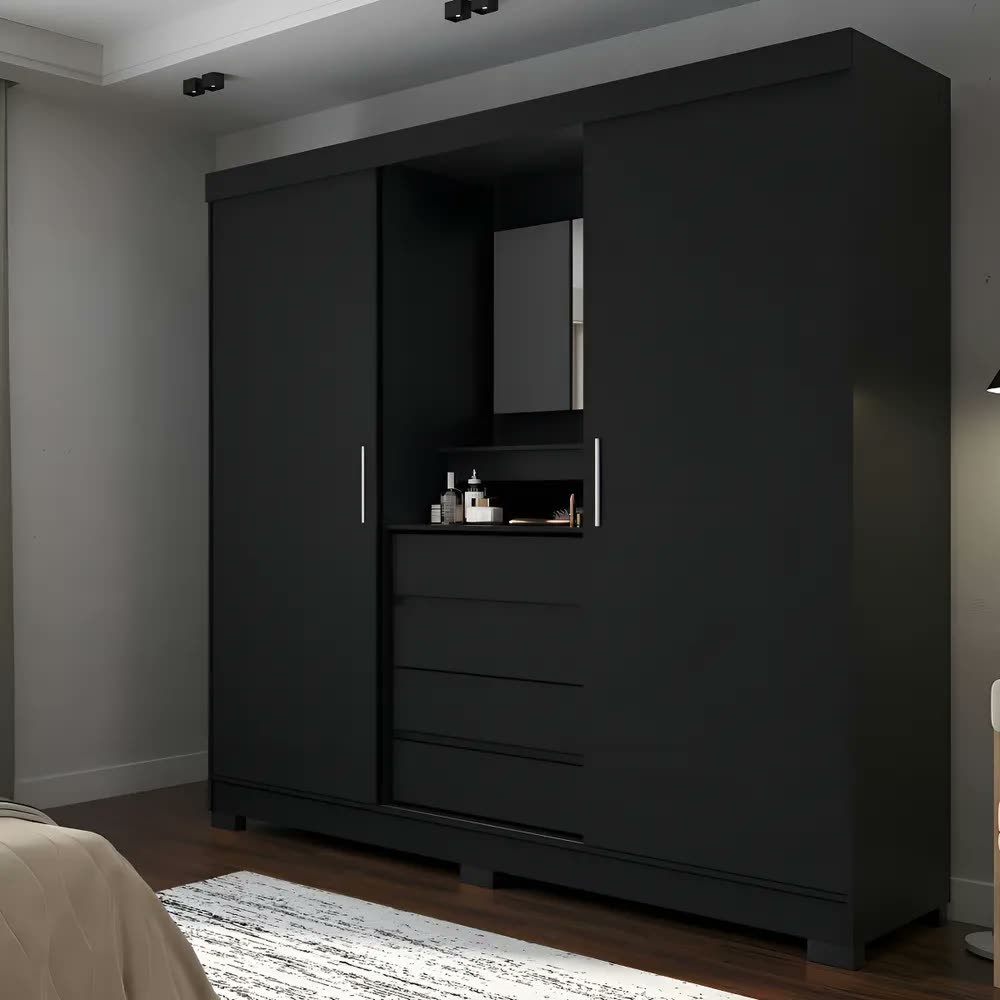 Guarda-roupa Italo Casal 2 Portas De Correr Com Espelho e Porta Jóia Cor Preto Fosco