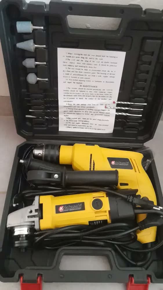 foto de Kit Furadeira Parafusadeira de Impacto 500W + Esmerilhadeira Lixadeira 850W 115mm ALLMIND Profissional Com Maleta e Acessórios