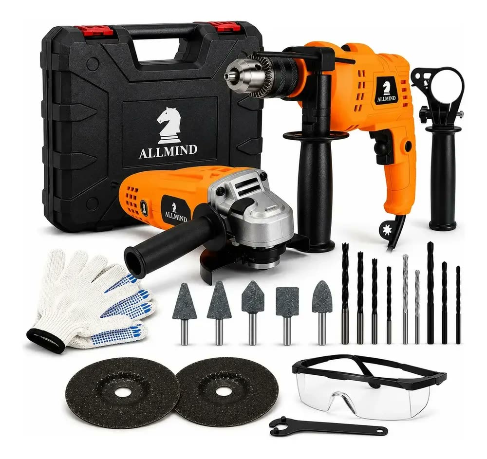 Kit Furadeira Parafusadeira de Impacto 500W + Esmerilhadeira Lixadeira 850W 115mm ALLMIND Profissional Com Maleta e Acessórios