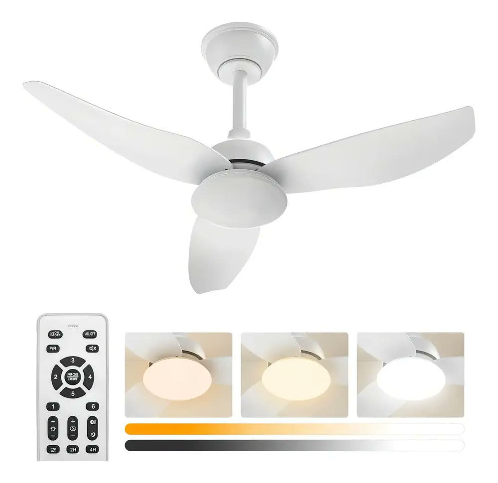 Ventilador de Teto FANSVENTO Branco, Silencioso e Com Luz LED de 3 Cores, 36