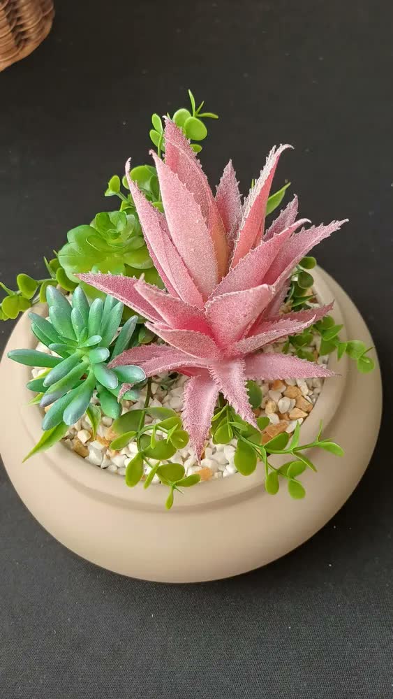 foto de Arranjo de Suculenta Artificial em Vaso Ikebana Preto Fosco para Mesa e Sala