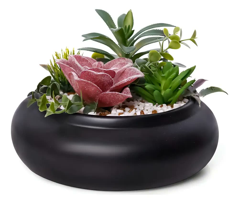 Arranjo de Suculenta Artificial em Vaso Ikebana Preto Fosco para Mesa e Sala
