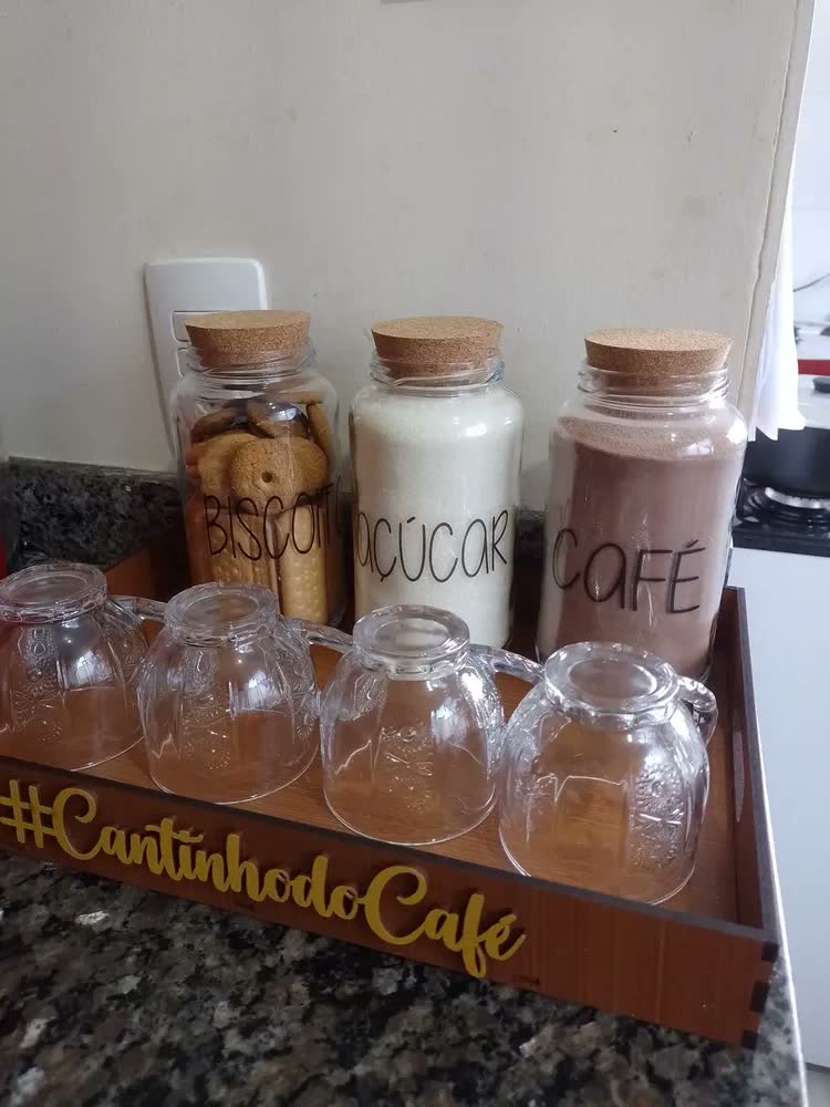 foto de Kit 3 Potes De Vidro 810ml - Tampa De Rolha Cantinho Do Café Cor Café Açúcar Leite Em Pó