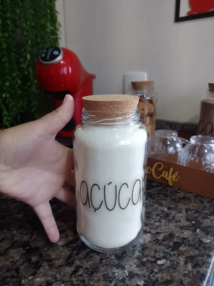 foto de Kit 3 Potes De Vidro 810ml - Tampa De Rolha Cantinho Do Café Cor Café Açúcar Leite Em Pó