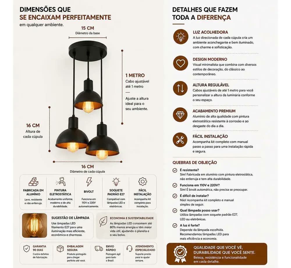 Luminária Lustre Pendente Joana Tripla Preto e Cobre Moderna Para Teto Sala Cozinha Bancada Gourmet Quarto - Bivolt - 110-220V