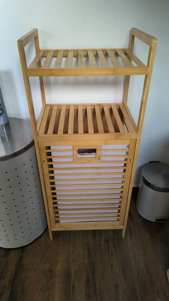 foto de Cesto De Roupa Suja De Bambu Organizador Inclinável 02 Prateleiras Multiuso