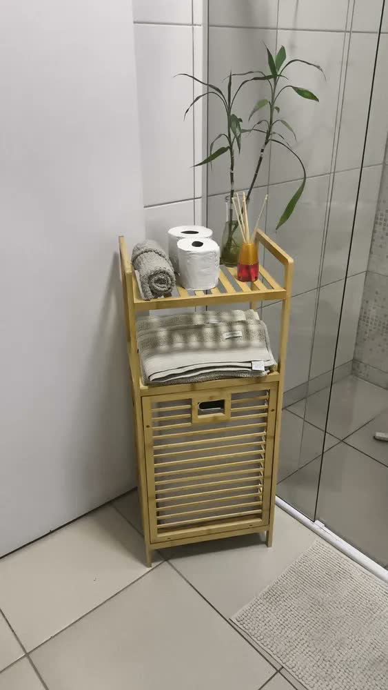 foto de Cesto De Roupa Suja De Bambu Organizador Inclinável 02 Prateleiras Multiuso