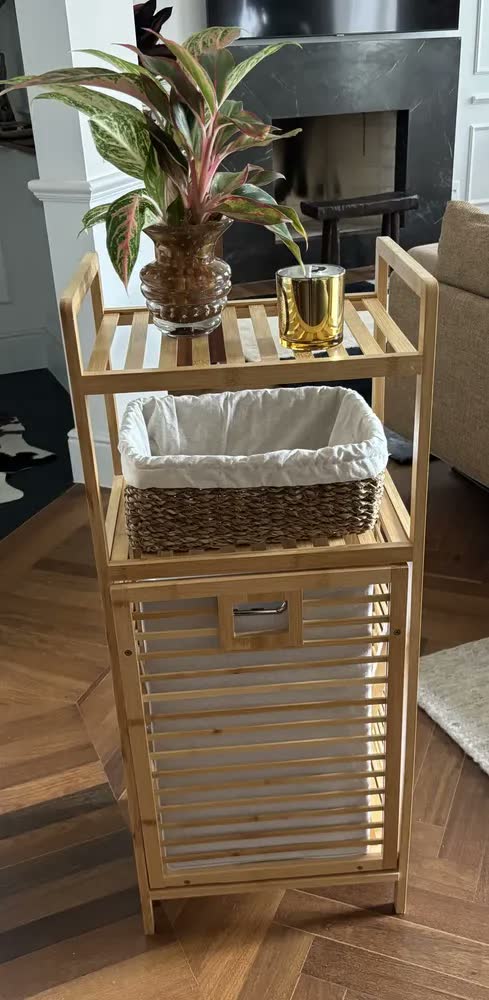 foto de Cesto De Roupa Suja De Bambu Organizador Inclinável 02 Prateleiras Multiuso