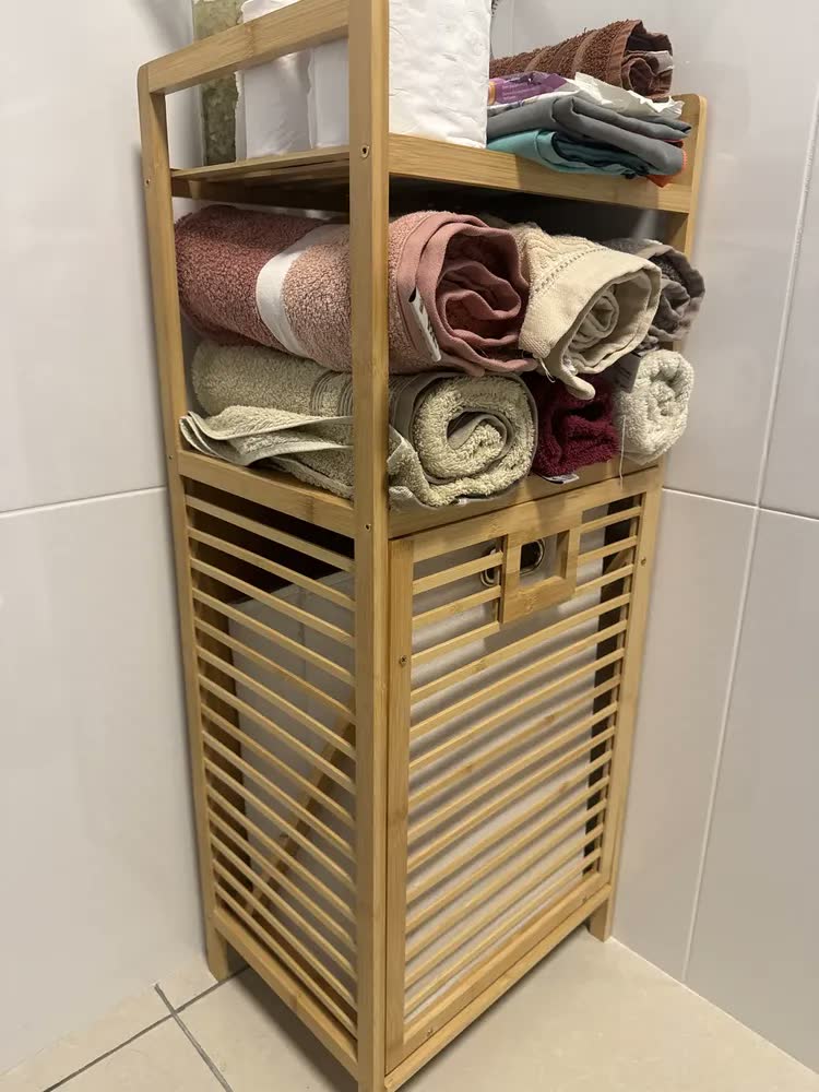 foto de Cesto De Roupa Suja De Bambu Organizador Inclinável 02 Prateleiras Multiuso