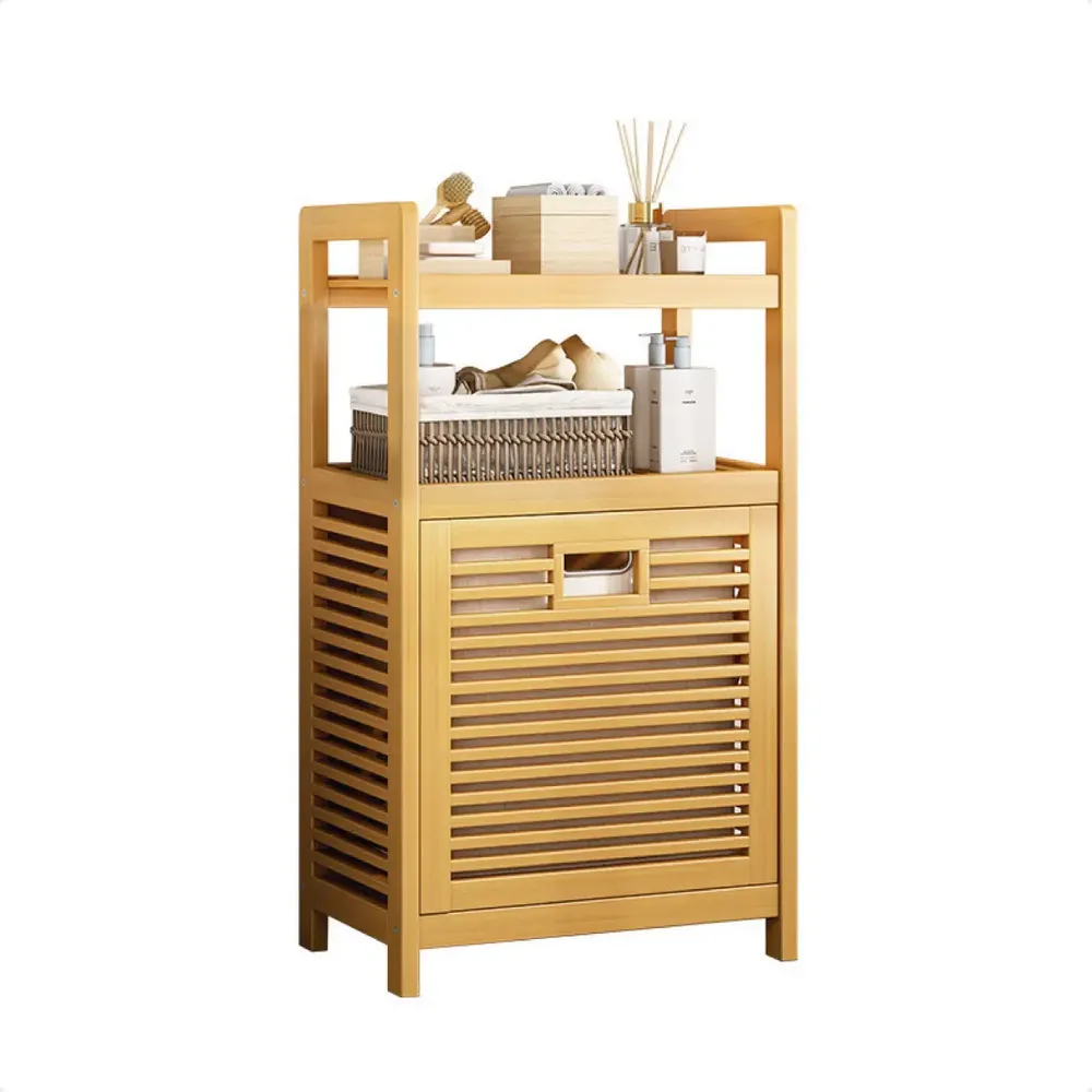 foto de Cesto De Roupa Suja De Bambu Organizador Inclinável 02 Prateleiras Multiuso