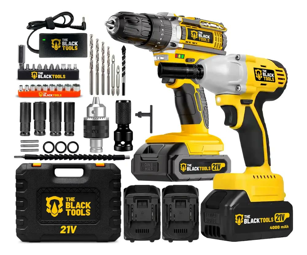 Parafusadeira Furadeira De Impacto + Chave Impacto Brushless 430 Nm A Bateria 21v Bivolt Com Acessorios The Black Tools