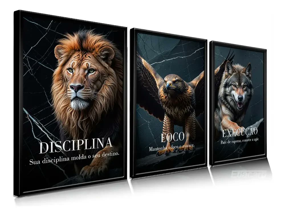 Quadros Decorativos Disciplina Foco Execução Animais Sucesso Motivaçao Marmore, Sala Quarto Escritório, Moldura Preta, Etacart, Grande