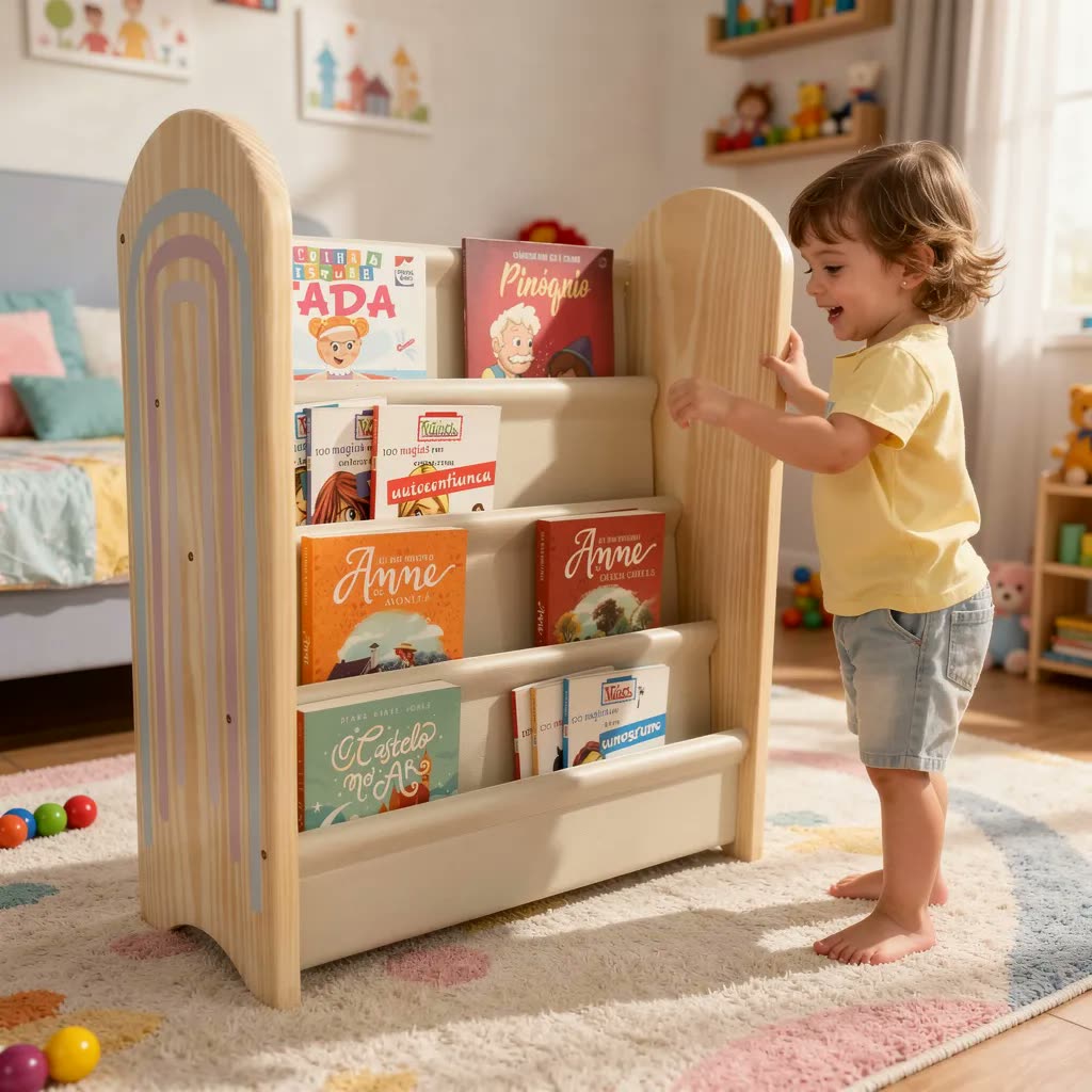 Porta Livro Infantil Montessori Madeira Rack Estante
