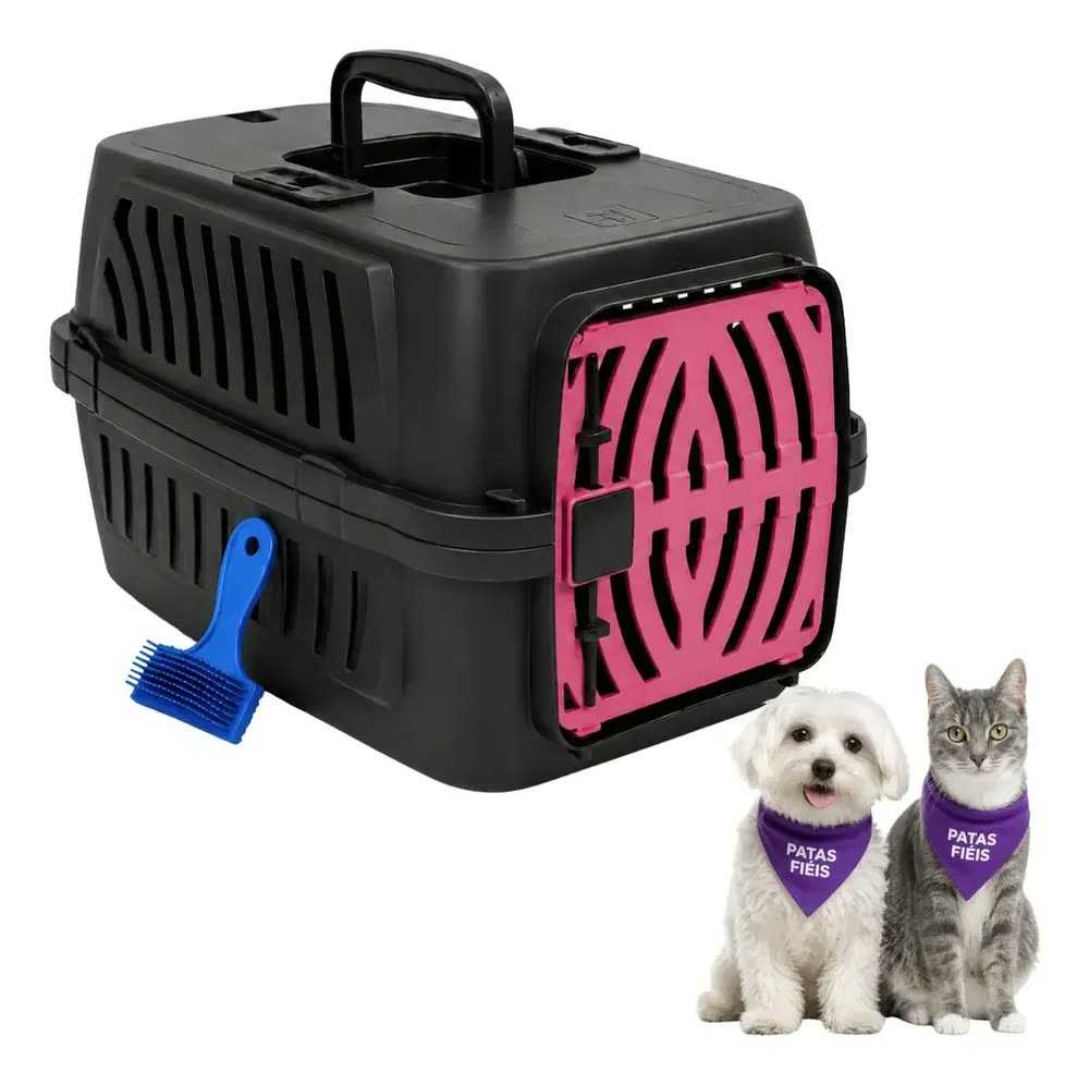 Caixa de Transporte para Cachorro e Gato Patas Fiéis Nº2 10kg + Escova Rosa