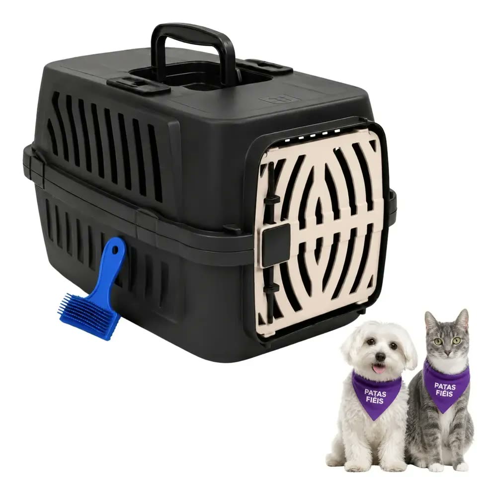 Caixa Transporte Cachorro Gato 10kg + Escova Patas Fiéis Cinza