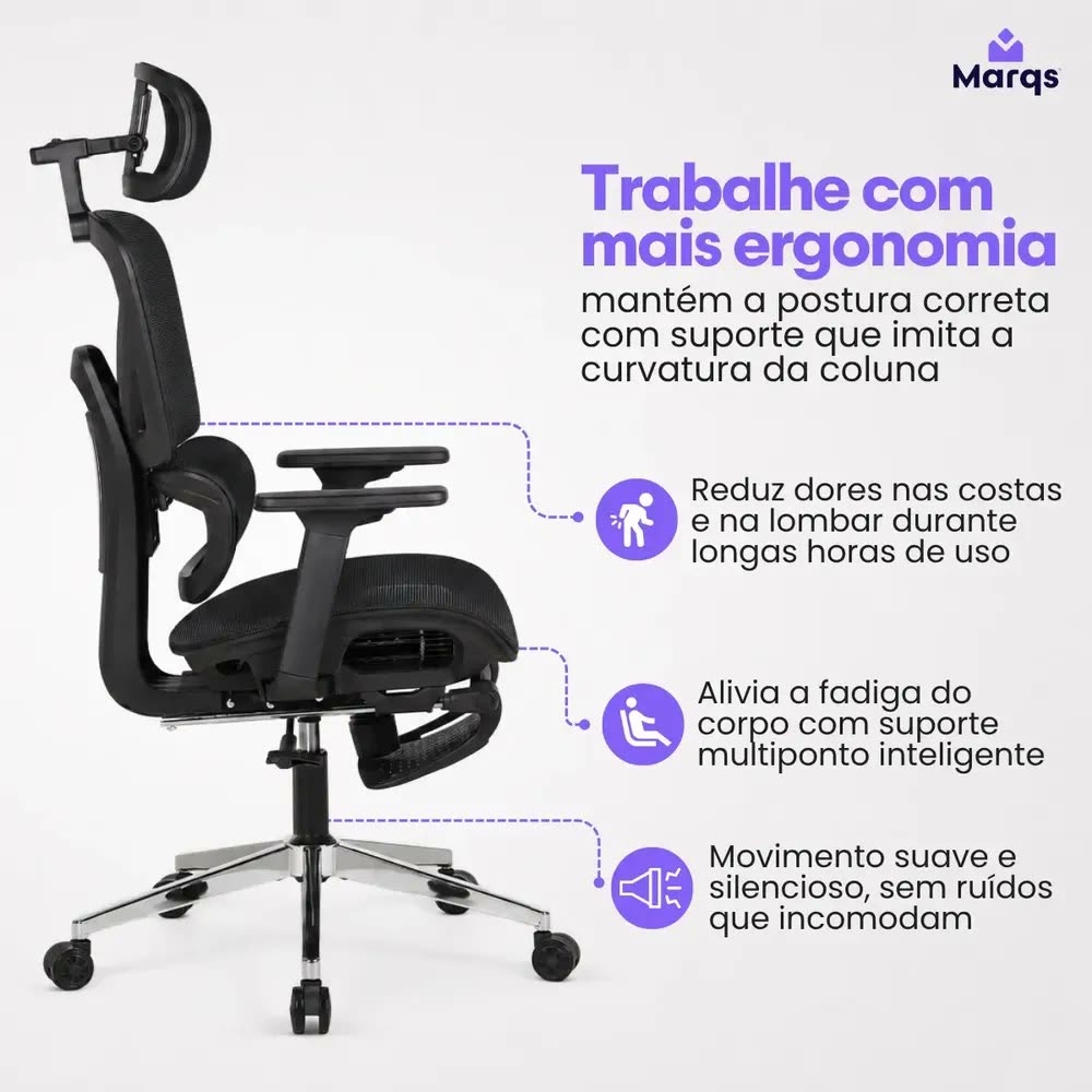 Cadeira De Escritorio Presidente Ergonômica nr17 Levitus Marqs Home Suporte Lombar 3D Apoio Para Pés Retrátil Encosto Braço Ajustável 200kg Resistente Malha Respirável Mesh Premium Preto