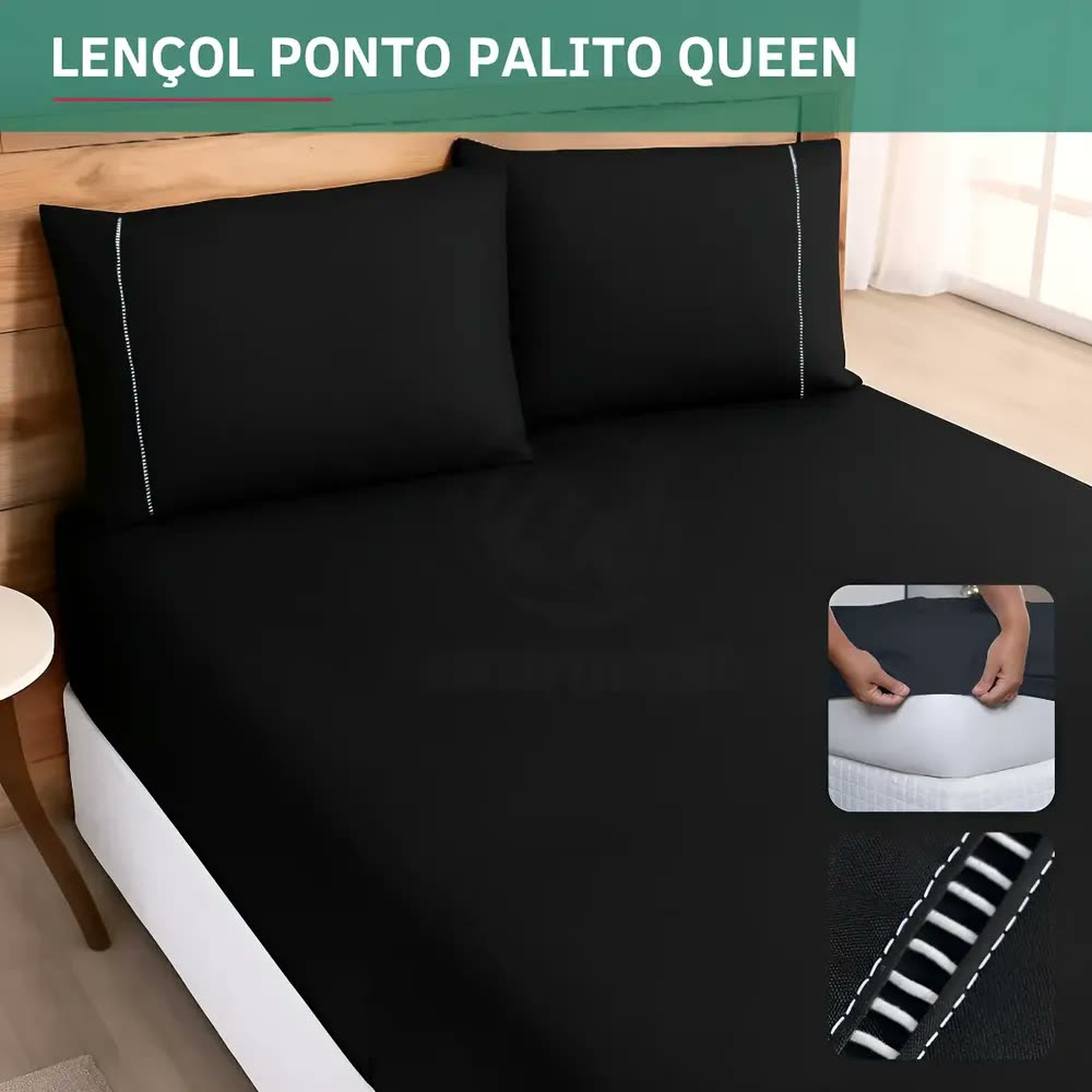 Jogo De Lençol 3 Peças Queen Padrão C/ Elástico 400 Fios Fronha Ponto Palito Super Macio Hotel Luxu Cor Preto Premium